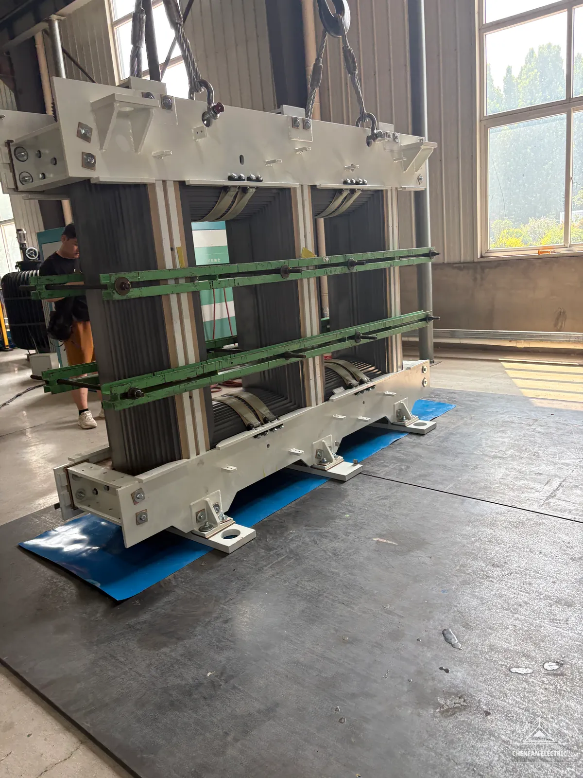 Assembled power transformer core photographed in the production hall