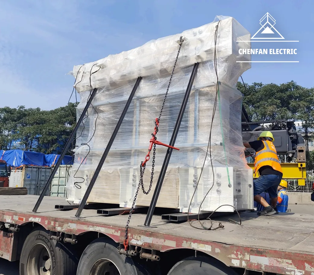 Protected transformer core secured to a flatbed for delivery