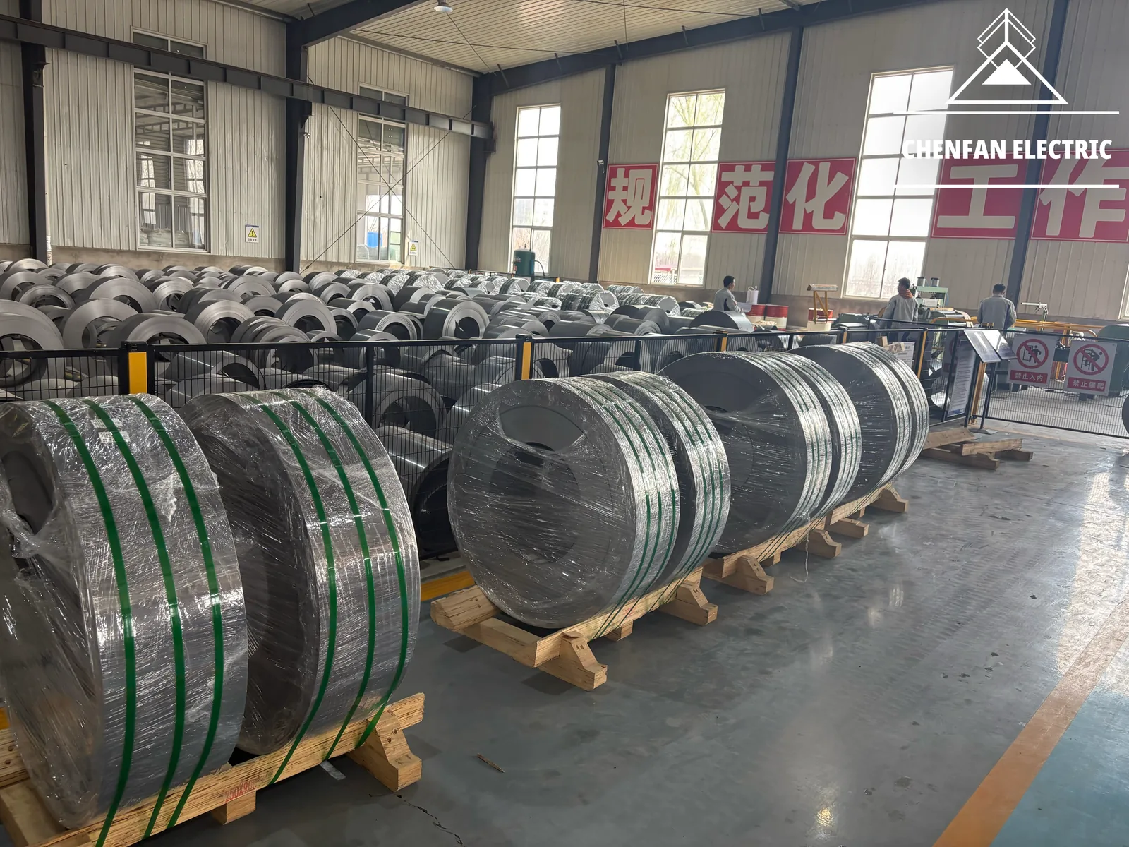 Wrapped slit coils prepared for handling