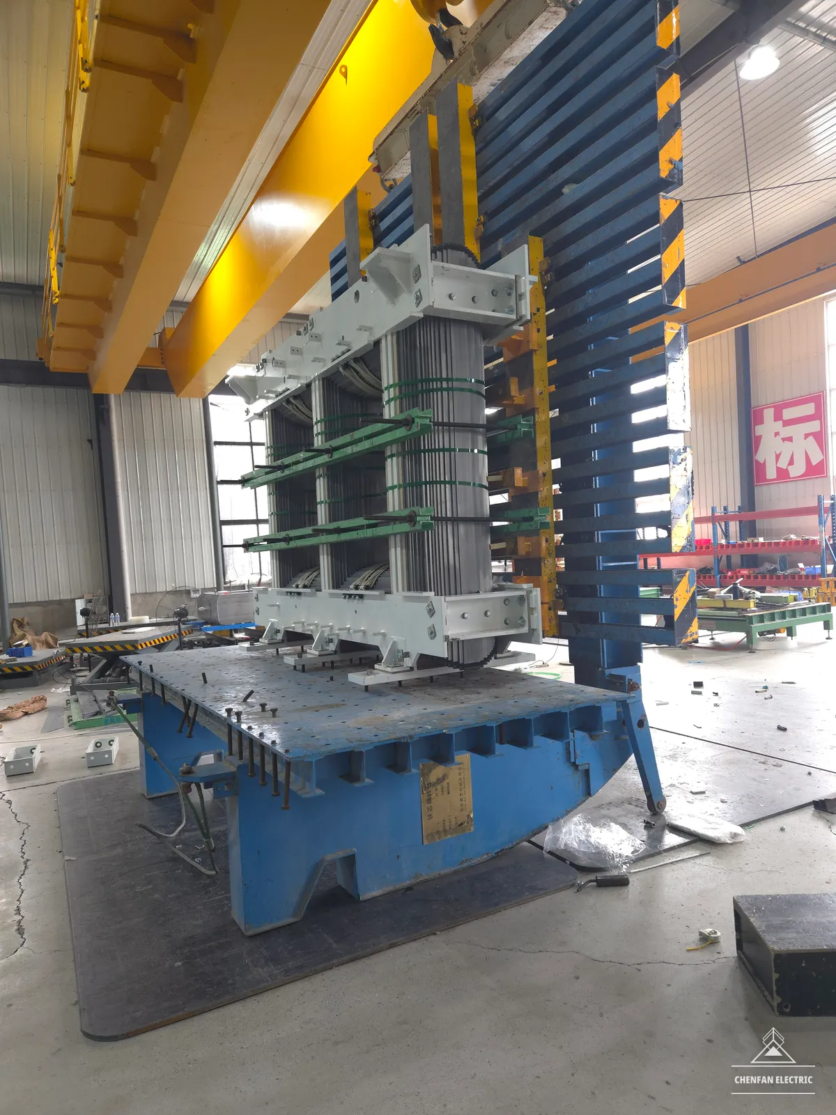 Large transformer core in vertical assembly position