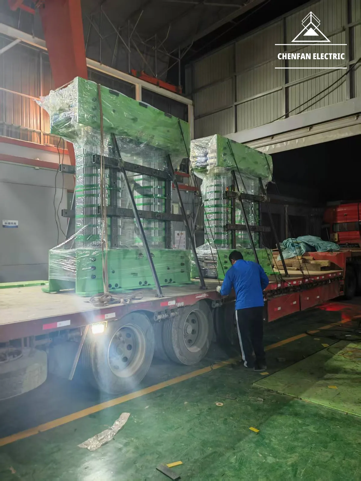 Wrapped transformer core assemblies loaded for dispatch