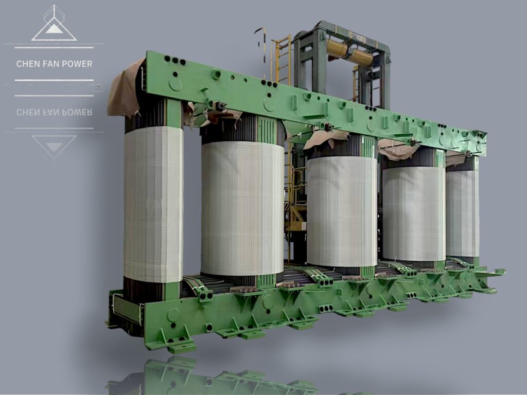 Assembled high-voltage power transformer unit on a green base with white windings.