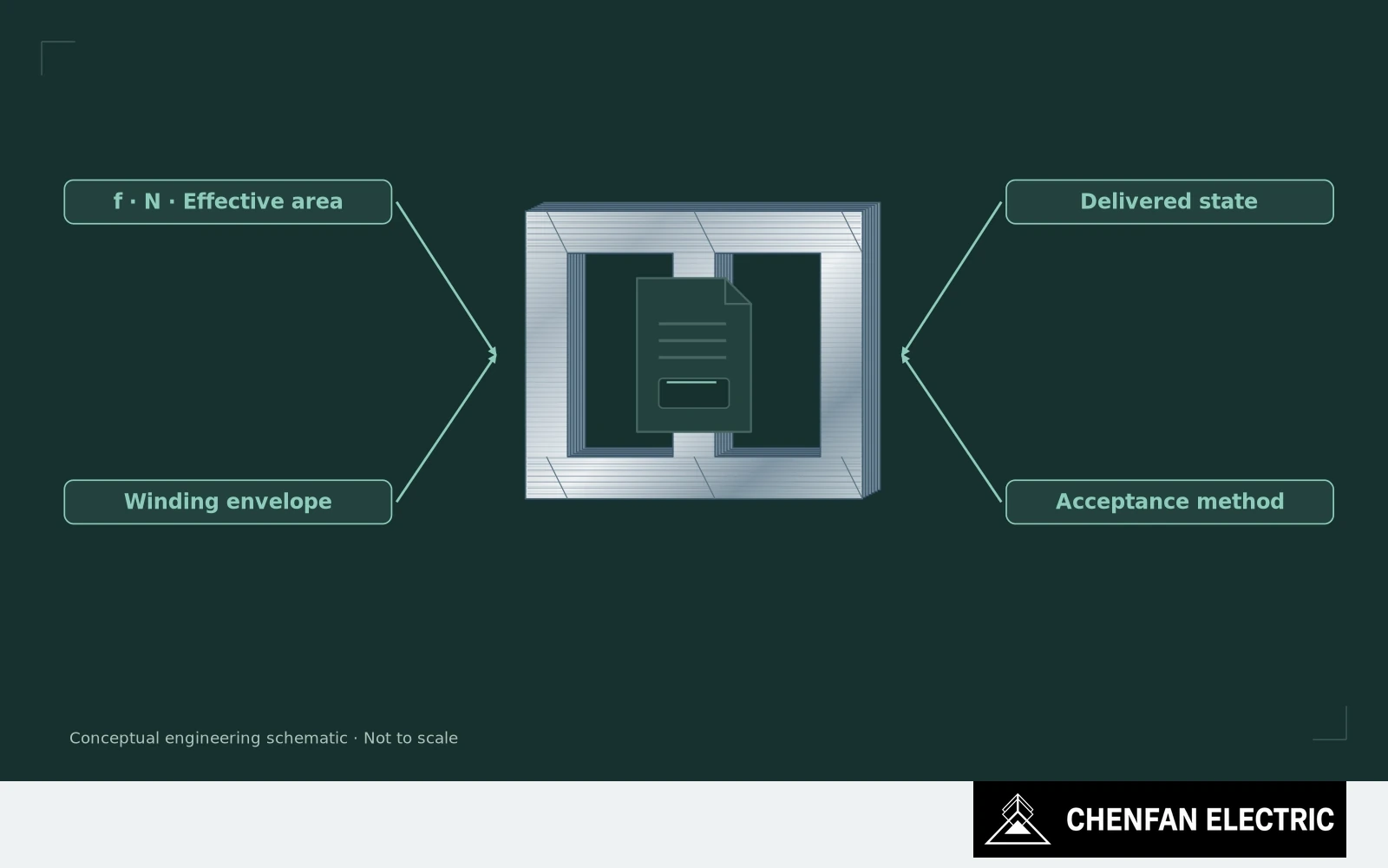 A core drawing is surrounded by the electrical basis, delivery state, winding interface and acceptance method.
