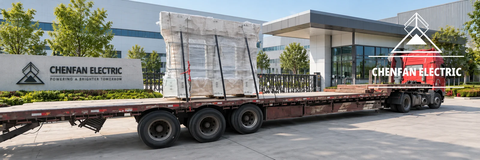 Protected assembled core secured on a flatbed trailer for dispatch.