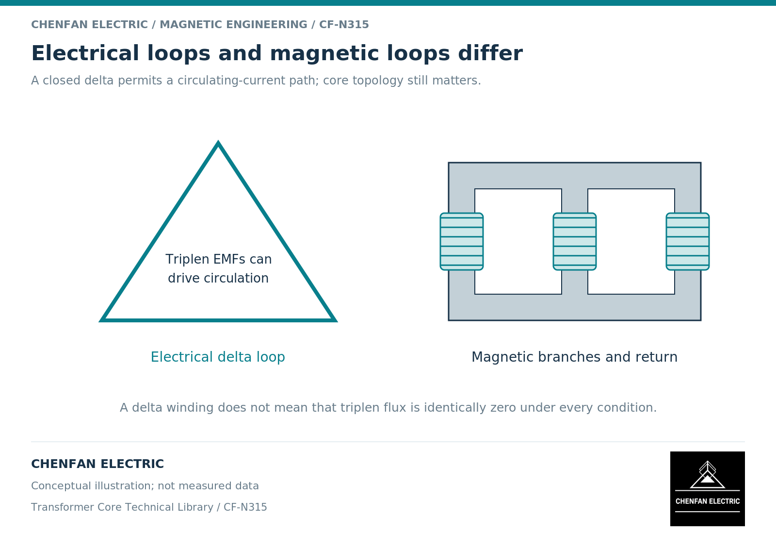 Electrical loops and magnetic loops differ. A closed delta permits a circulating-current path; core topology still matters.
