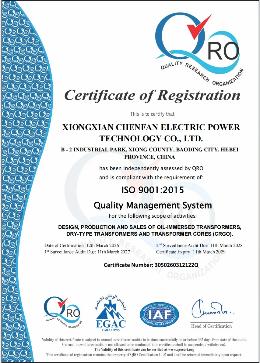 ISO 9001:2015 quality management system certificate