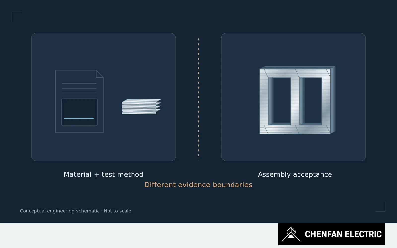 A material certificate and steel specimen sit inside one evidence boundary, separate from the assembled core and its acceptance record.