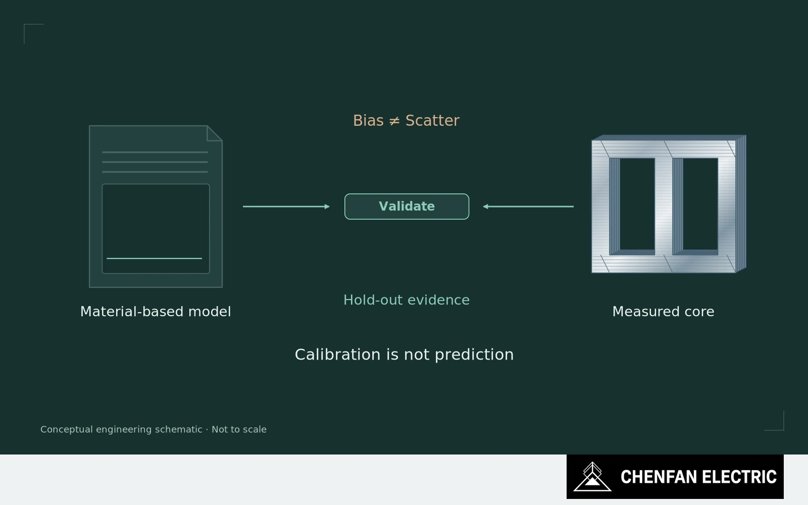 A material-based model and a measured-core setup meet at a validation boundary with separate bias and variation channels.