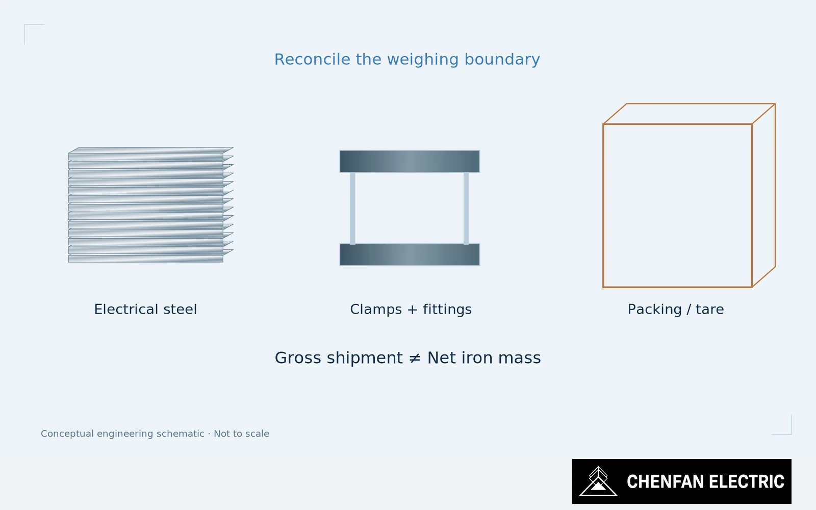 Core steel, clamps and packaging are separated in an exploded weighing boundary.