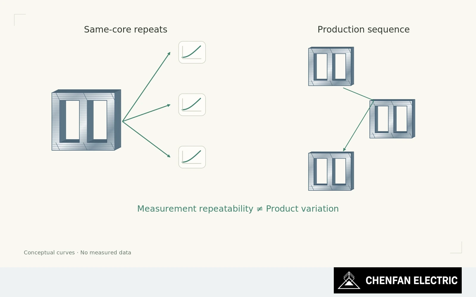 Repeated measurements of one core are separated from a time-ordered series of different manufactured cores.