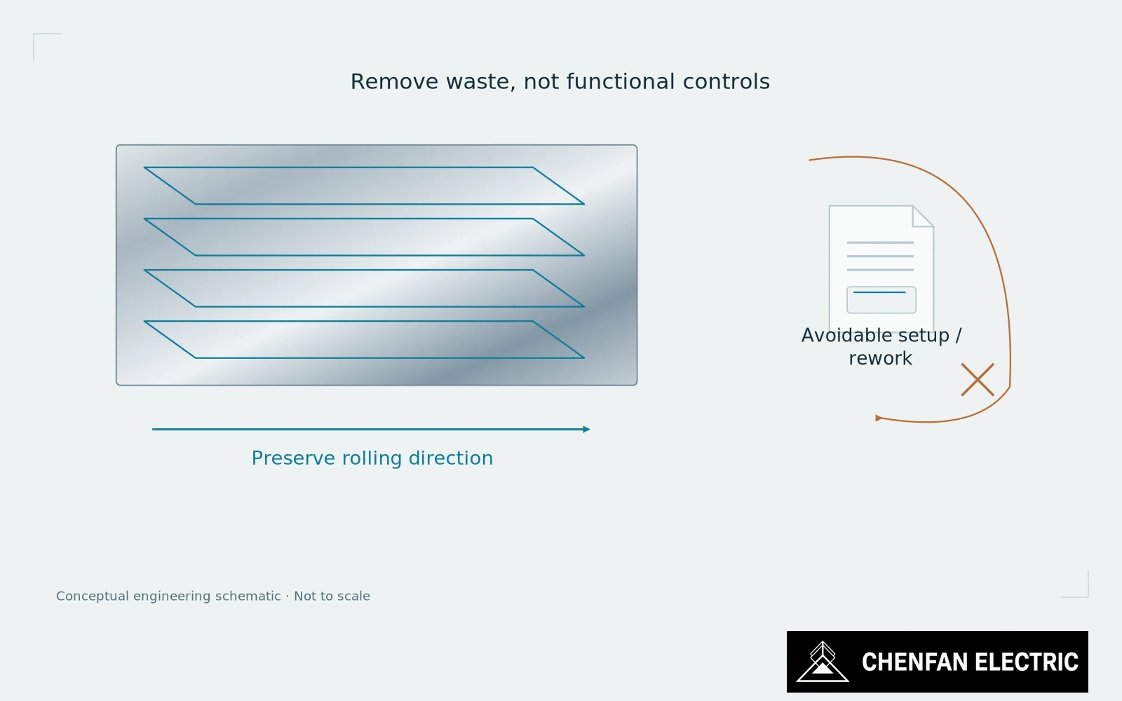 A rolling-direction-preserving cutting layout is separated from avoidable setup and rework loops.