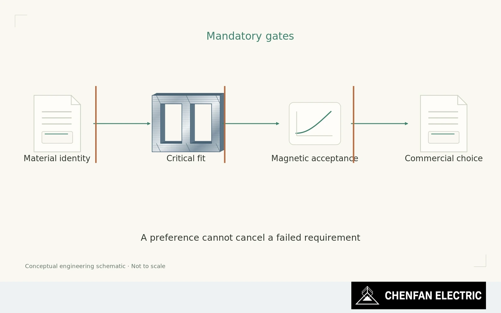 Material identity, fit and magnetic acceptance appear as mandatory gates before commercial preference is considered.