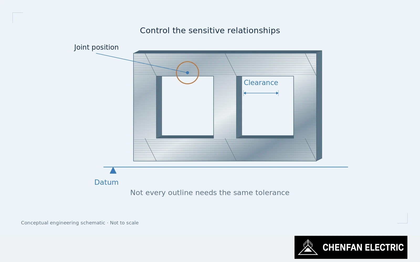 Critical winding clearance and joint position are highlighted against a common datum while nonfunctional outlines remain secondary.