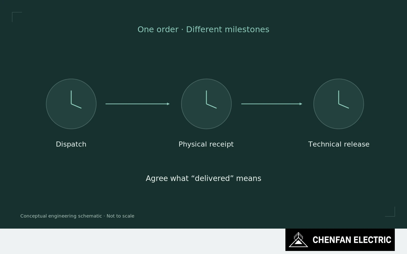 Commercial dispatch, physical receipt and technical release are shown as distinct milestones for the same order.