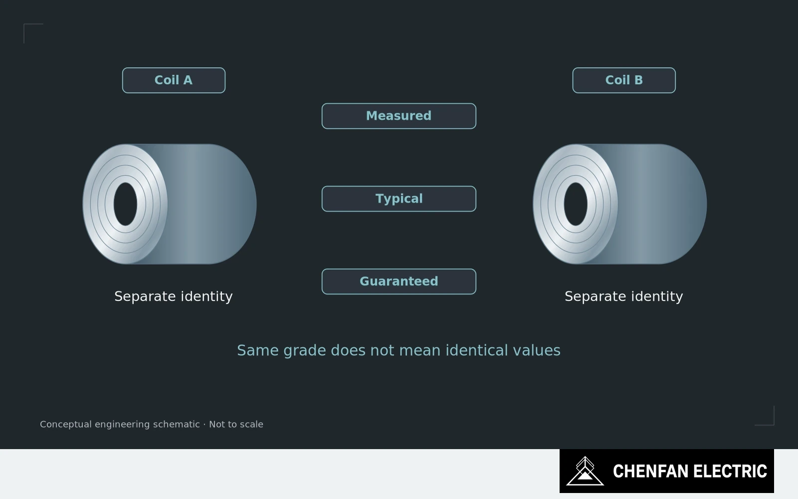 Two same-grade coils retain separate identities and separate measured, typical and guaranteed property records.
