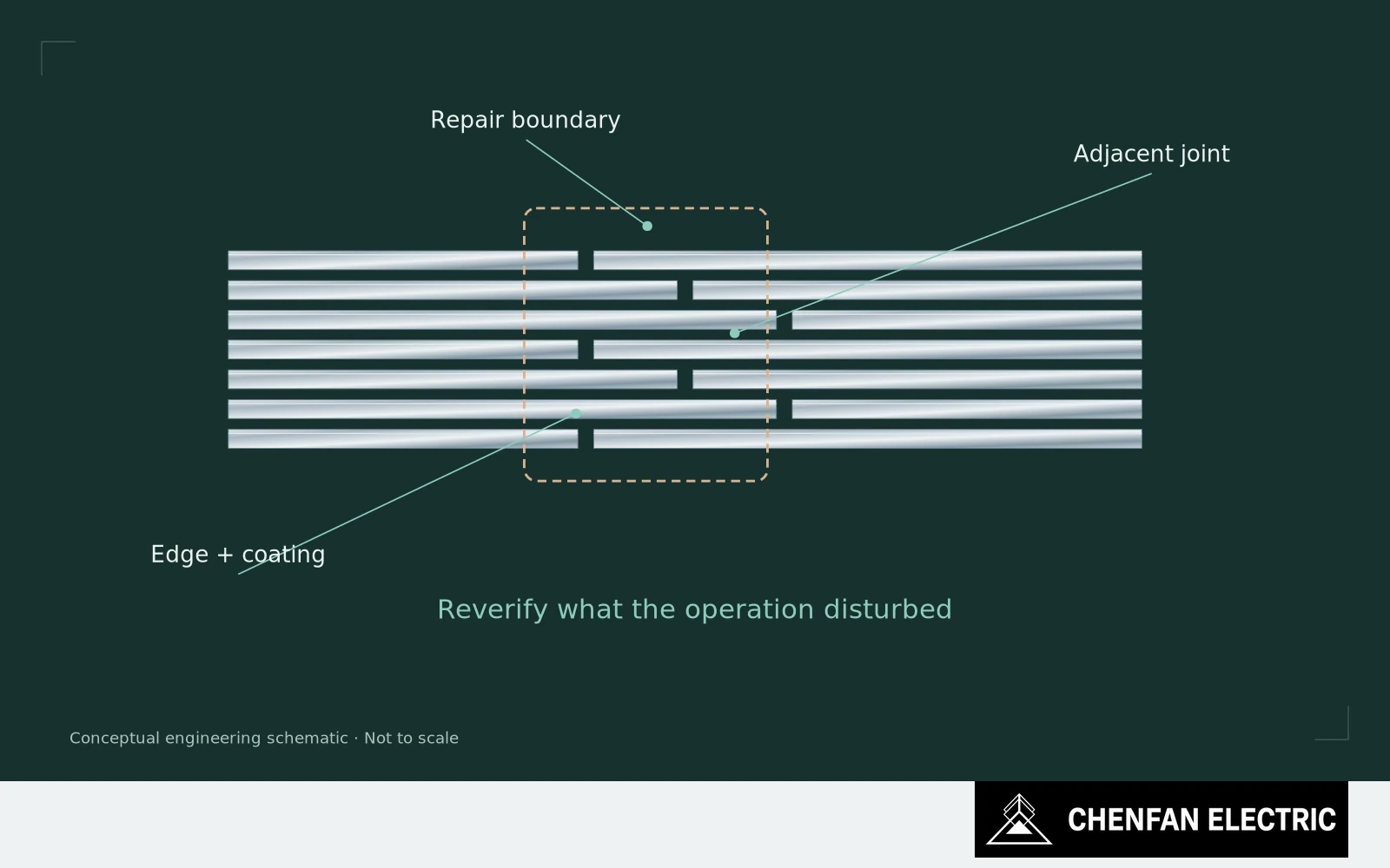 A local repair boundary intersects a lamination edge, adjacent joint and insulation interface with linked reinspection points.