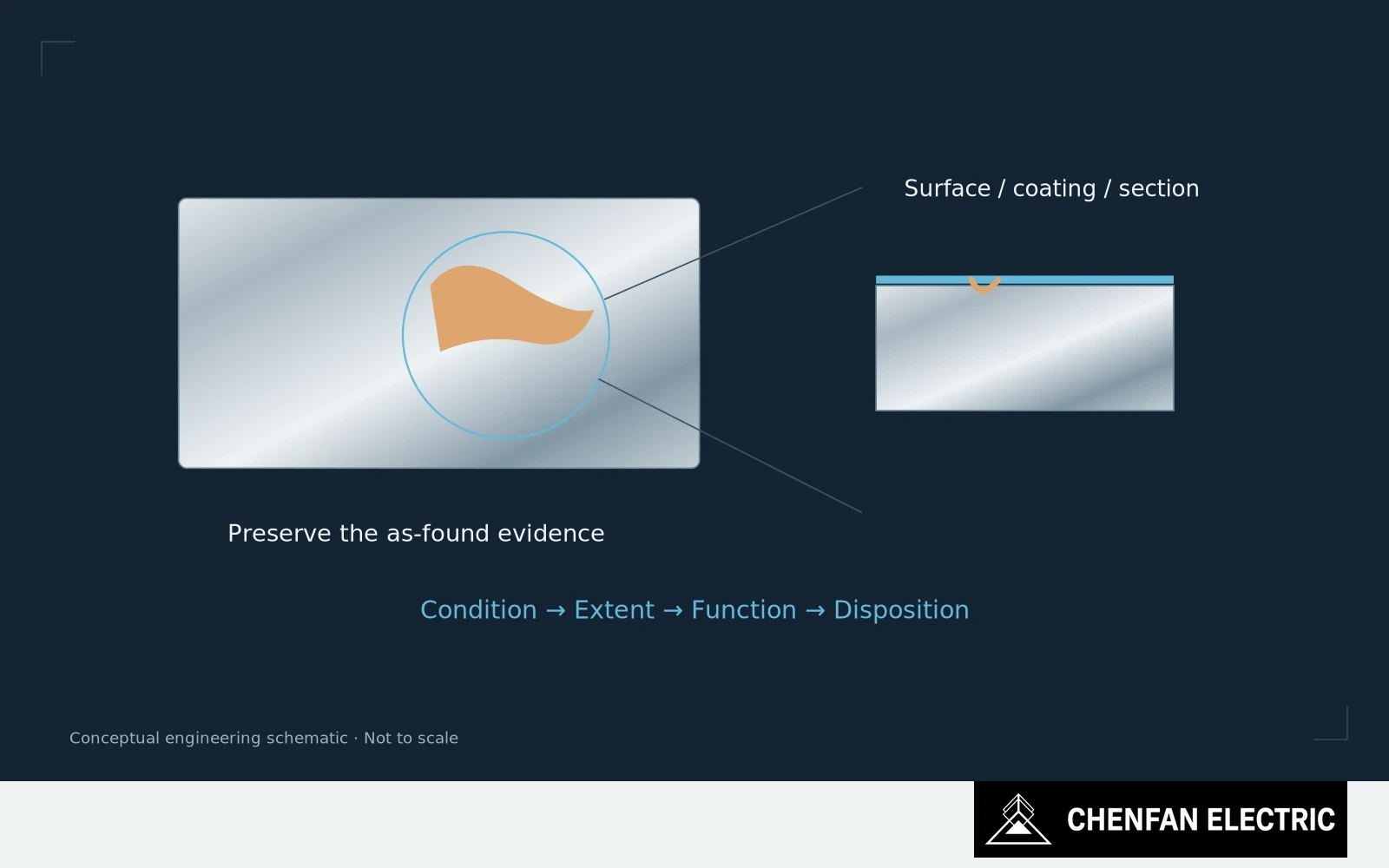 A surface mark is enlarged to separate deposit, coating condition and possible material attack before disposition.