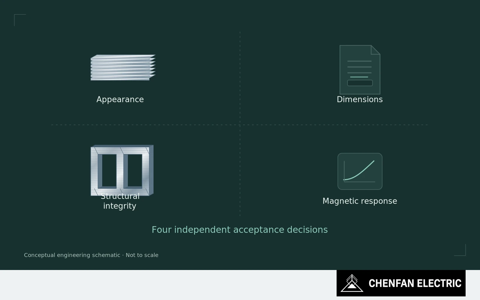 Appearance, dimensions, structural integrity and magnetic response are shown as four separate functional decisions.