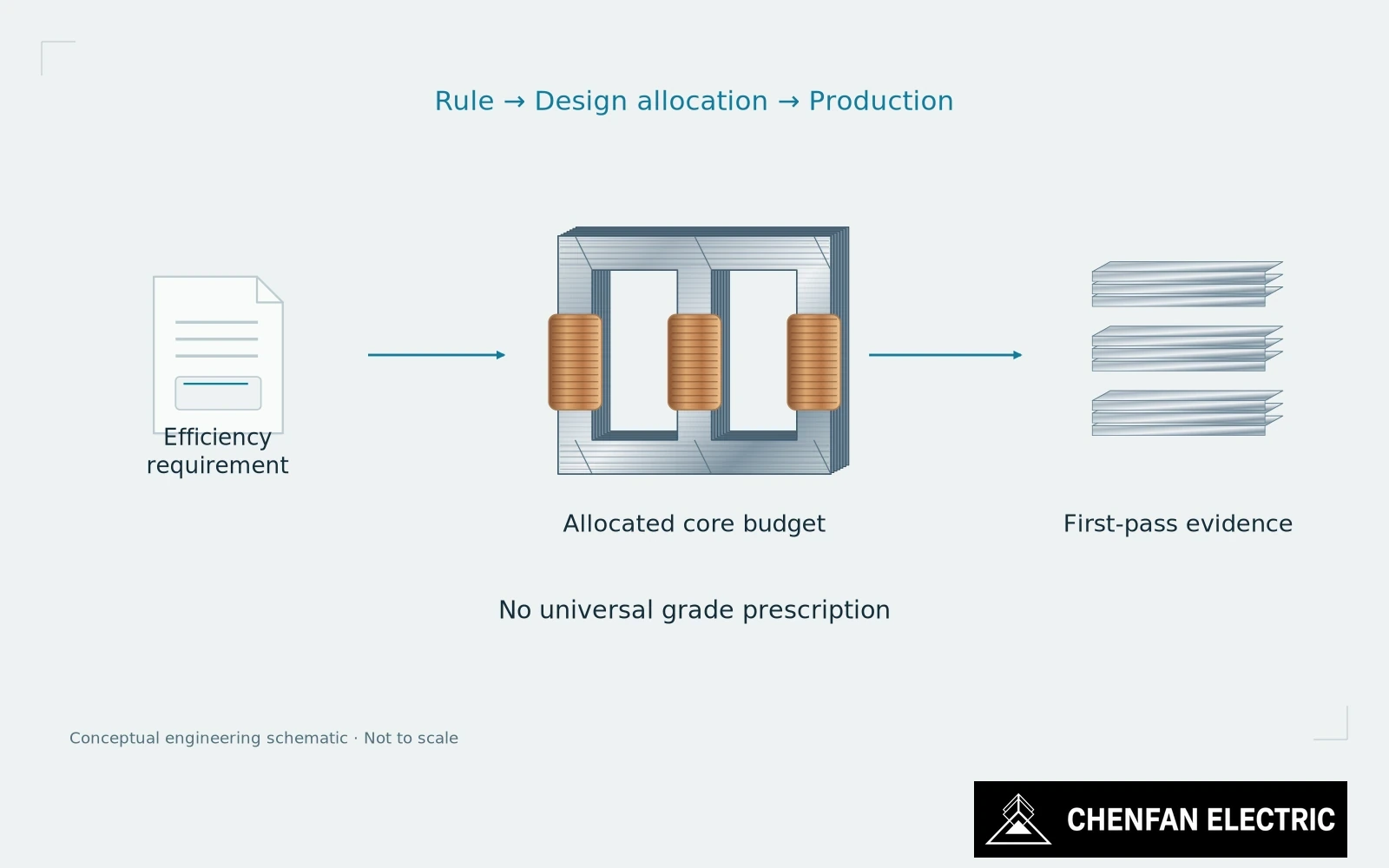 Transformer efficiency requirements lead through an allocated core budget to comparable first-pass production evidence.